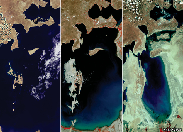 The Aral Sea is shown receding over 30 years